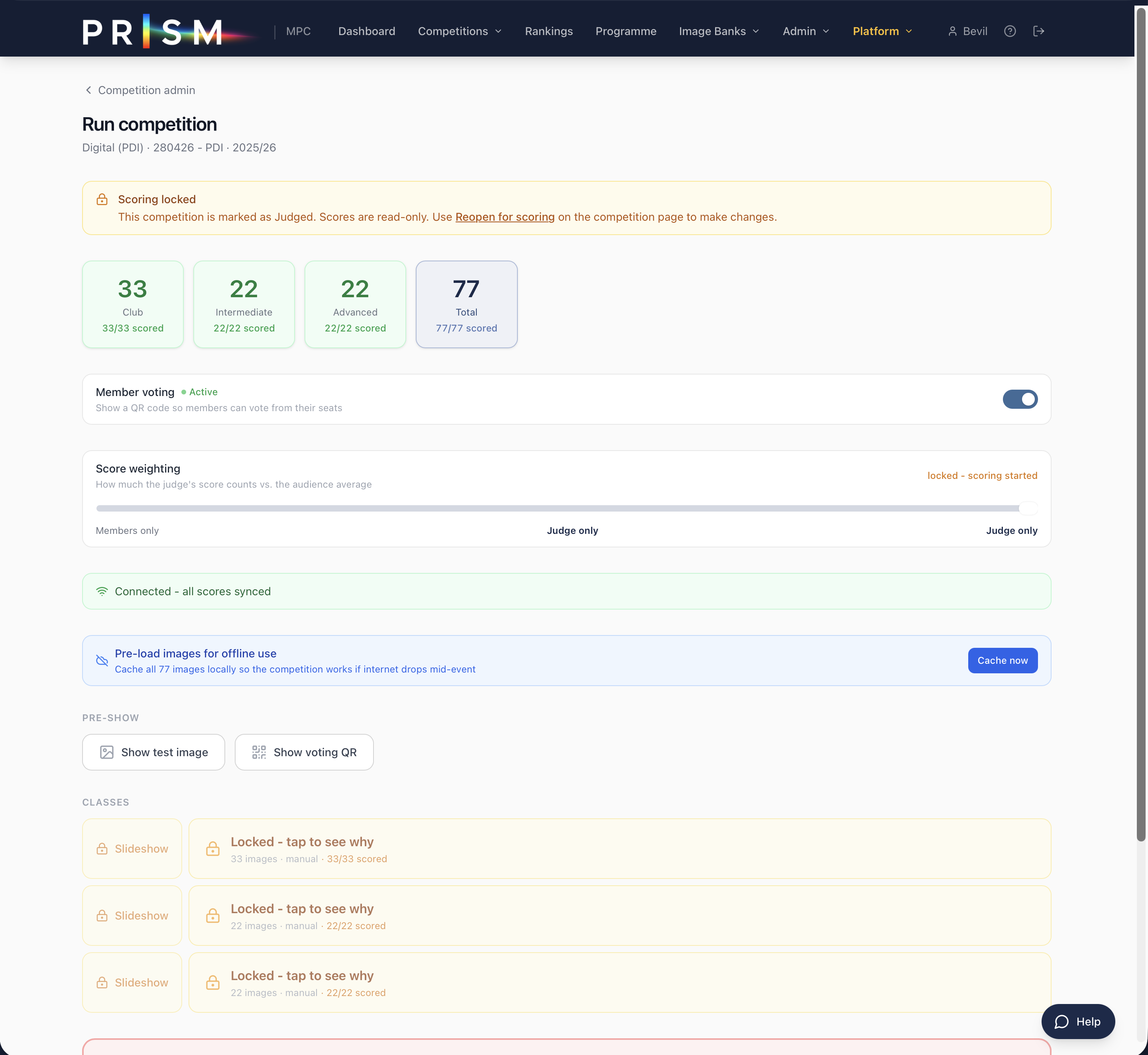 Live judging runner - full-screen competition display with score entry